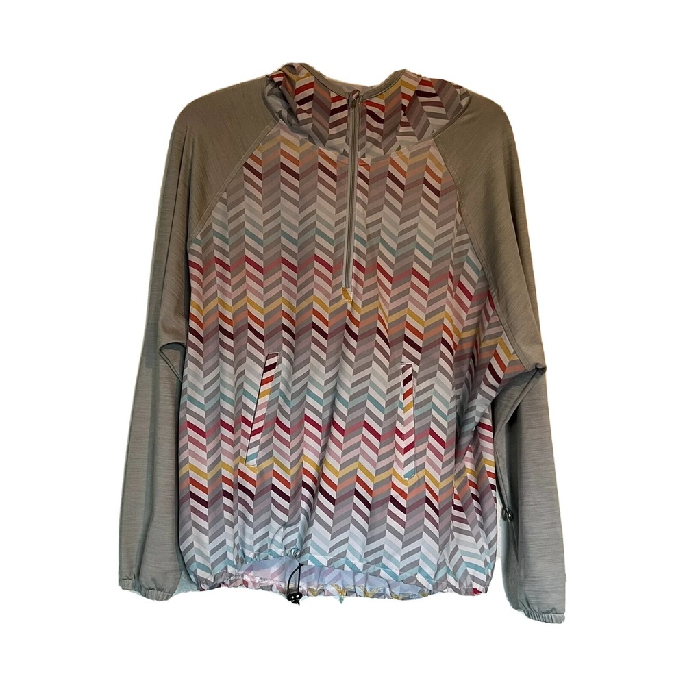 Lija Womens Chevron Quarter Zip Hooded Windbreaker Jacket Grey Multicolor Size S
